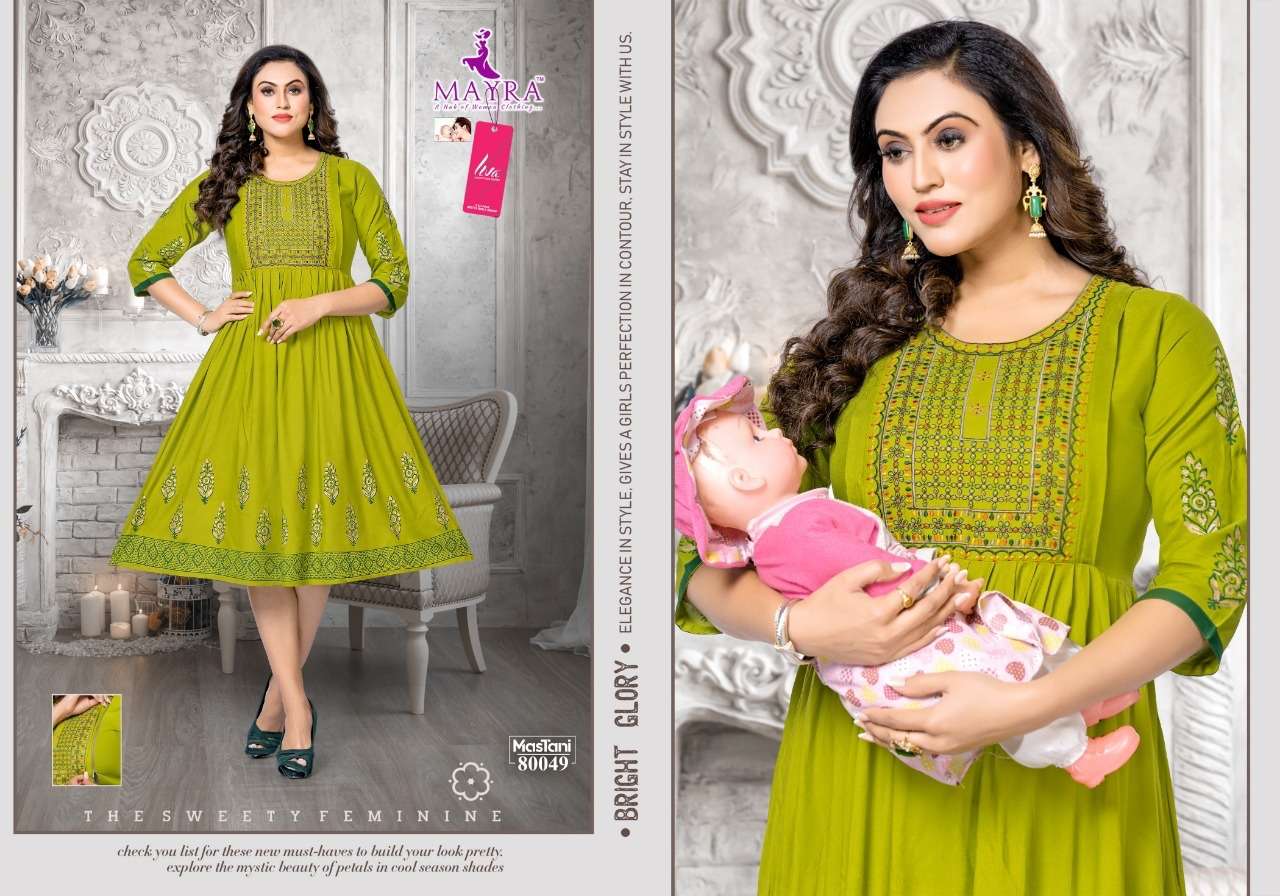 MASTANI BY MAYRA 80043 TO 80050 SERIES DESIGNER STYLISH FANCY COLORFUL BEAUTIFUL PARTY WEAR & ETHNIC WEAR COLLECTION RAYON EMBROIDERED KURTIS AT WHOLESALE PRICE