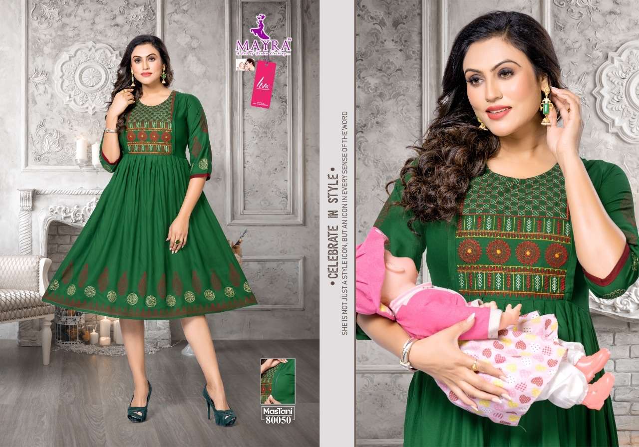 MASTANI BY MAYRA 80043 TO 80050 SERIES DESIGNER STYLISH FANCY COLORFUL BEAUTIFUL PARTY WEAR & ETHNIC WEAR COLLECTION RAYON EMBROIDERED KURTIS AT WHOLESALE PRICE
