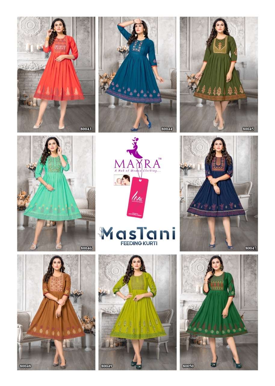 MASTANI BY MAYRA 80043 TO 80050 SERIES DESIGNER STYLISH FANCY COLORFUL BEAUTIFUL PARTY WEAR & ETHNIC WEAR COLLECTION RAYON EMBROIDERED KURTIS AT WHOLESALE PRICE