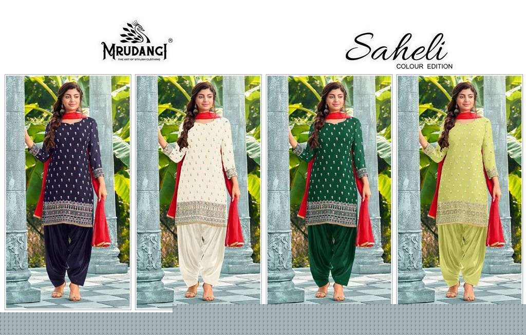 SAHELI 2025 COLOUR EDITION BY MRUDANGI 2025-A TO 2025-D SERIES BEAUTIFUL STYLISH PATIYALA SUITS FANCY COLORFUL CASUAL WEAR & ETHNIC WEAR & READY TO WEAR FAUX GEORGETTE EMBROIDERED DRESSES AT WHOLESALE PRICE