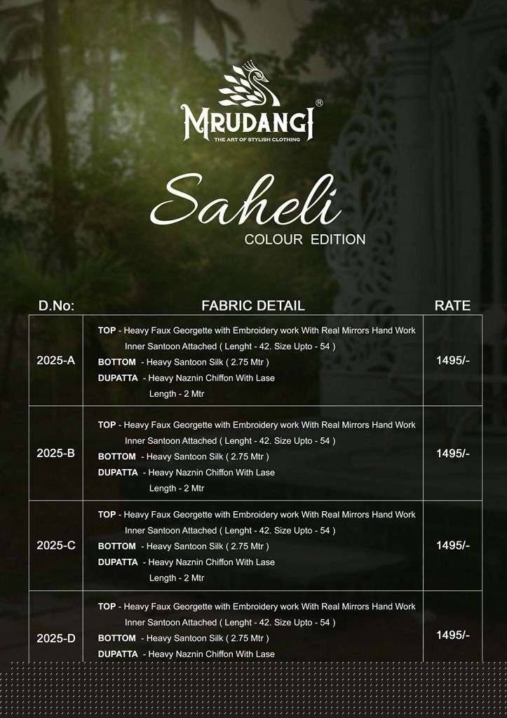 SAHELI 2025 COLOUR EDITION BY MRUDANGI 2025-A TO 2025-D SERIES BEAUTIFUL STYLISH PATIYALA SUITS FANCY COLORFUL CASUAL WEAR & ETHNIC WEAR & READY TO WEAR FAUX GEORGETTE EMBROIDERED DRESSES AT WHOLESALE PRICE