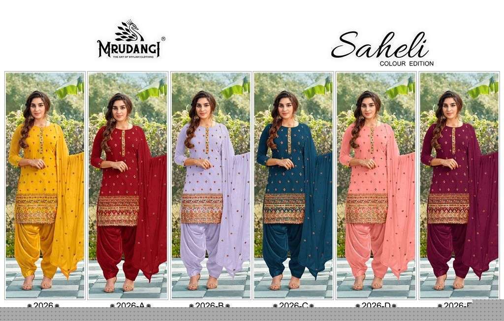 SAHELI 2026 COLOUR EDITION BY MRUDANGI 2026 TO 2026-E SERIES BEAUTIFUL STYLISH PATIYALA SUITS FANCY COLORFUL CASUAL WEAR & ETHNIC WEAR & READY TO WEAR FAUX GEORGETTE EMBROIDERED DRESSES AT WHOLESALE PRICE