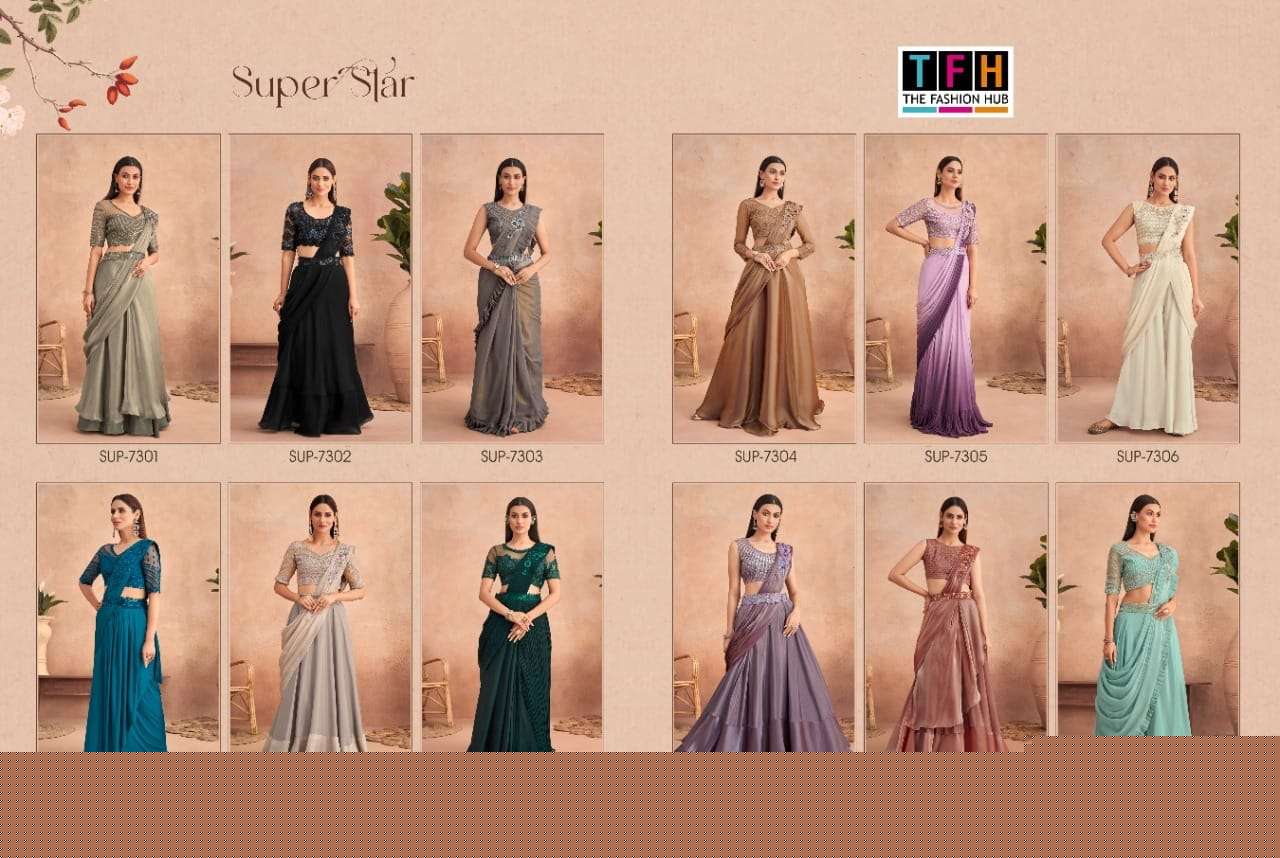 Super Star By Tfh 7301 To 7312 Series Indian Traditional Wear Collection Beautiful Stylish Fancy Colorful Party Wear & Occasional Wear Fancy Sarees At Wholesale Price