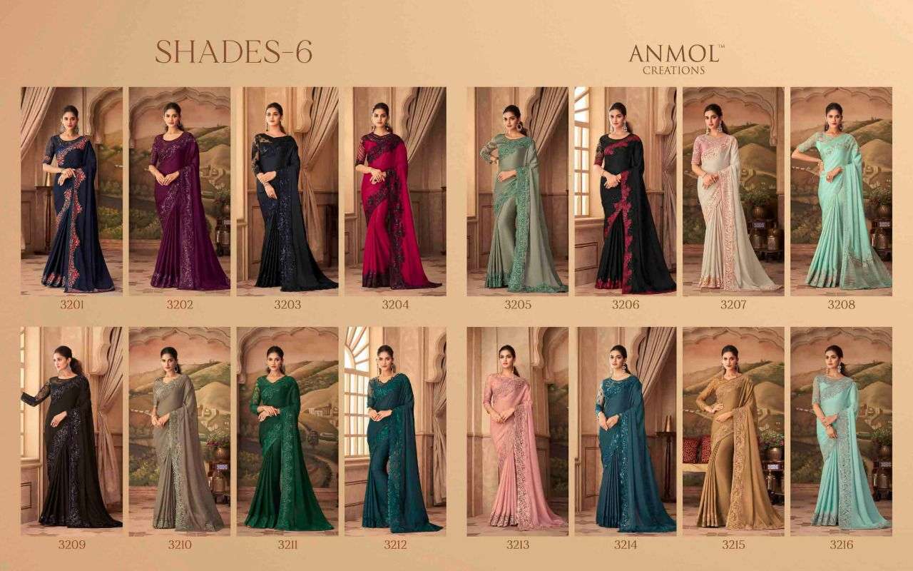 SHADES VOL-6 BY ANMOL CREATION 3201 TO 3216 SERIES INDIAN TRADITIONAL WEAR COLLECTION BEAUTIFUL STYLISH FANCY COLORFUL PARTY WEAR & OCCASIONAL WEAR GEORGETTE/SILK SAREES AT WHOLESALE PRICE