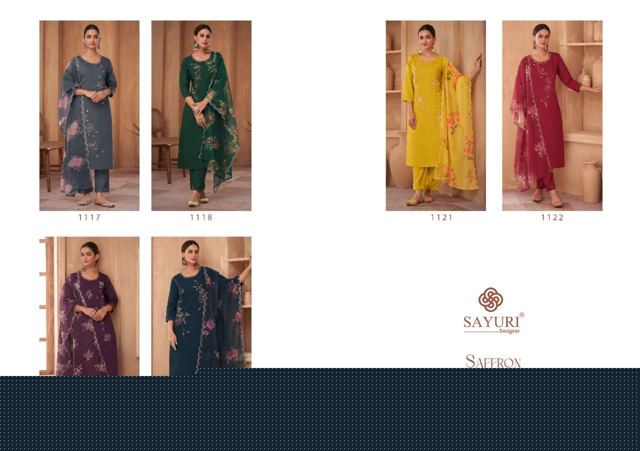 Saffron By Sayuri 1117 To 1122 Series Beautiful Stylish Suits Fancy Colorful Casual Wear & Ethnic Wear & Ready To Wear Pure Viscose Silk Dresses At Wholesale Price