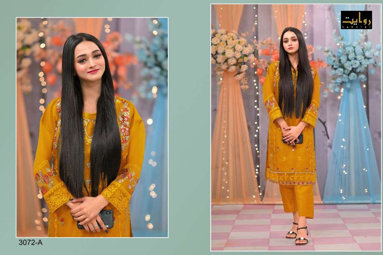 ESPERER VOL-4 BY RAWAYAT 3072-A TO 3072-B SERIES DESIGNER FESTIVE PAKISTANI SUITS COLLECTION BEAUTIFUL STYLISH FANCY COLORFUL PARTY WEAR & OCCASIONAL WEAR ORGANZA SILK EMBROIDERED DRESSES AT WHOLESALE PRICE