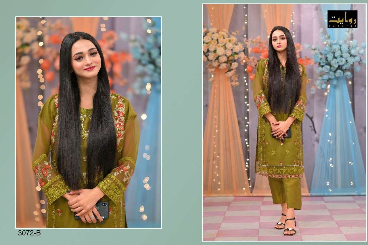 ESPERER VOL-4 BY RAWAYAT 3072-A TO 3072-B SERIES DESIGNER FESTIVE PAKISTANI SUITS COLLECTION BEAUTIFUL STYLISH FANCY COLORFUL PARTY WEAR & OCCASIONAL WEAR ORGANZA SILK EMBROIDERED DRESSES AT WHOLESALE PRICE