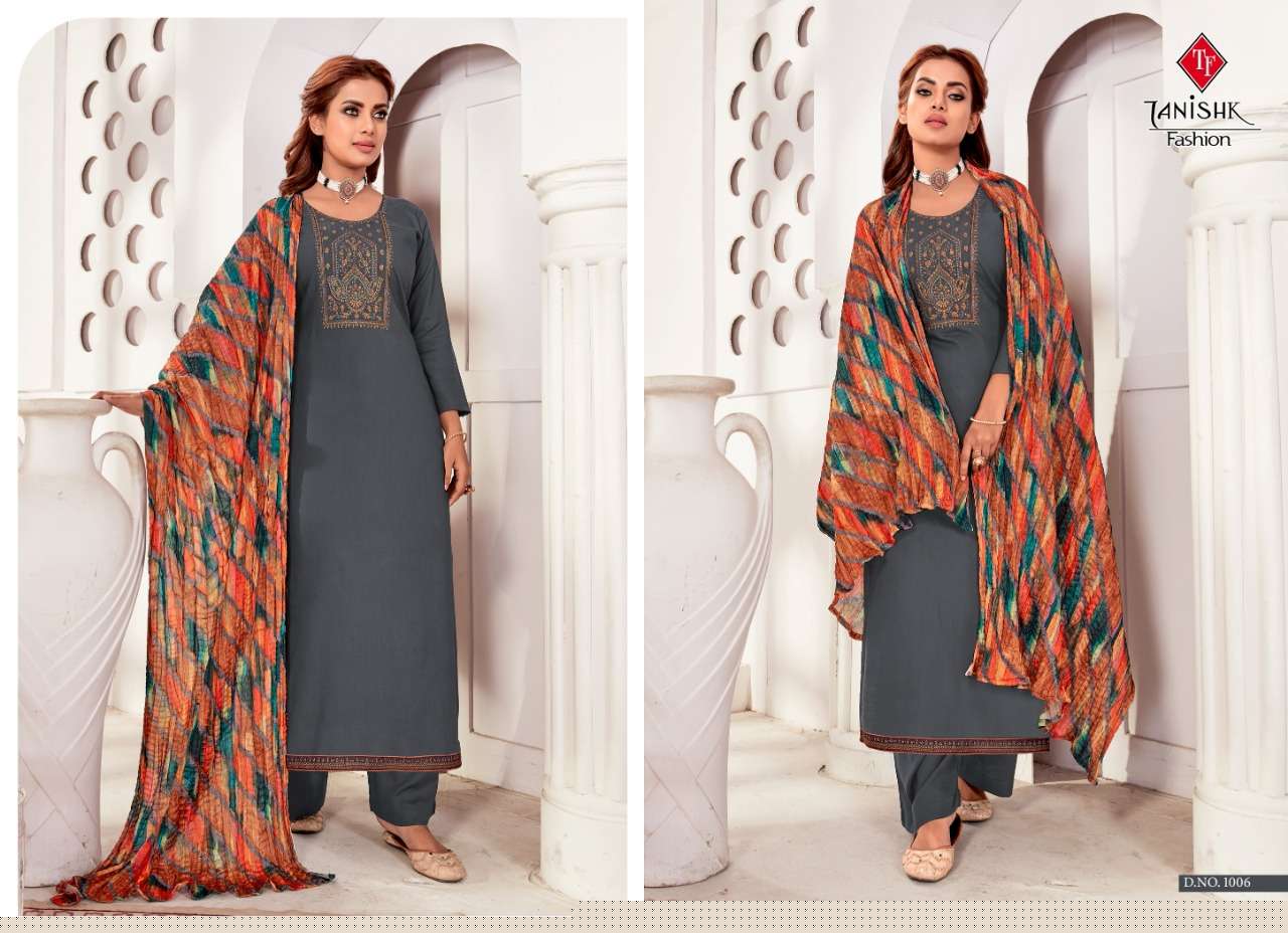 AZEERA BY TANISHK FASHION 1001 TO 1008 SERIES SUITS BEAUTIFUL FANCY COLORFUL STYLISH PARTY WEAR & OCCASIONAL WEAR RAYON SLUB WITH EMBROIDERY DRESSES AT WHOLESALE PRICE