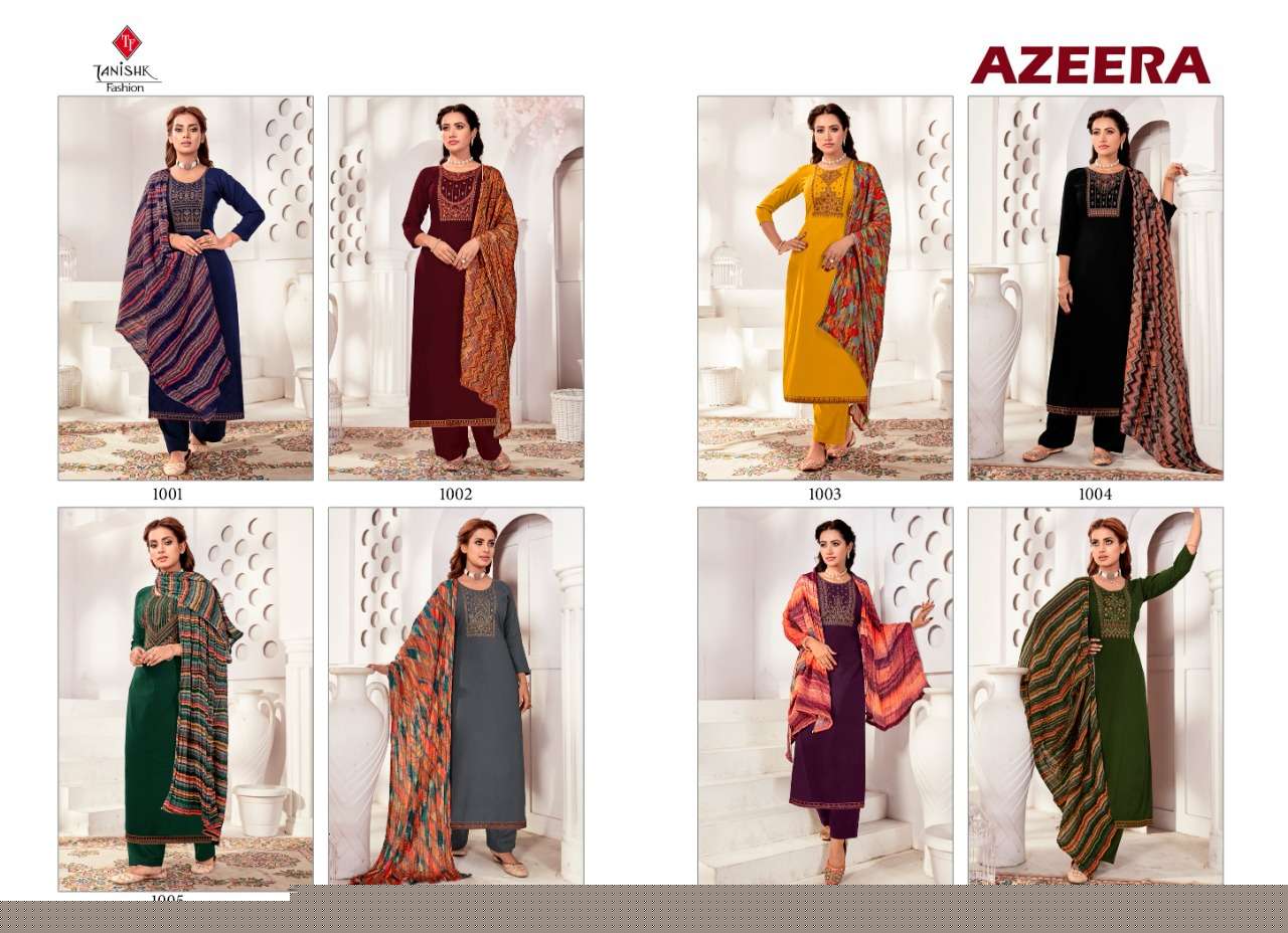 AZEERA BY TANISHK FASHION 1001 TO 1008 SERIES SUITS BEAUTIFUL FANCY COLORFUL STYLISH PARTY WEAR & OCCASIONAL WEAR RAYON SLUB WITH EMBROIDERY DRESSES AT WHOLESALE PRICE