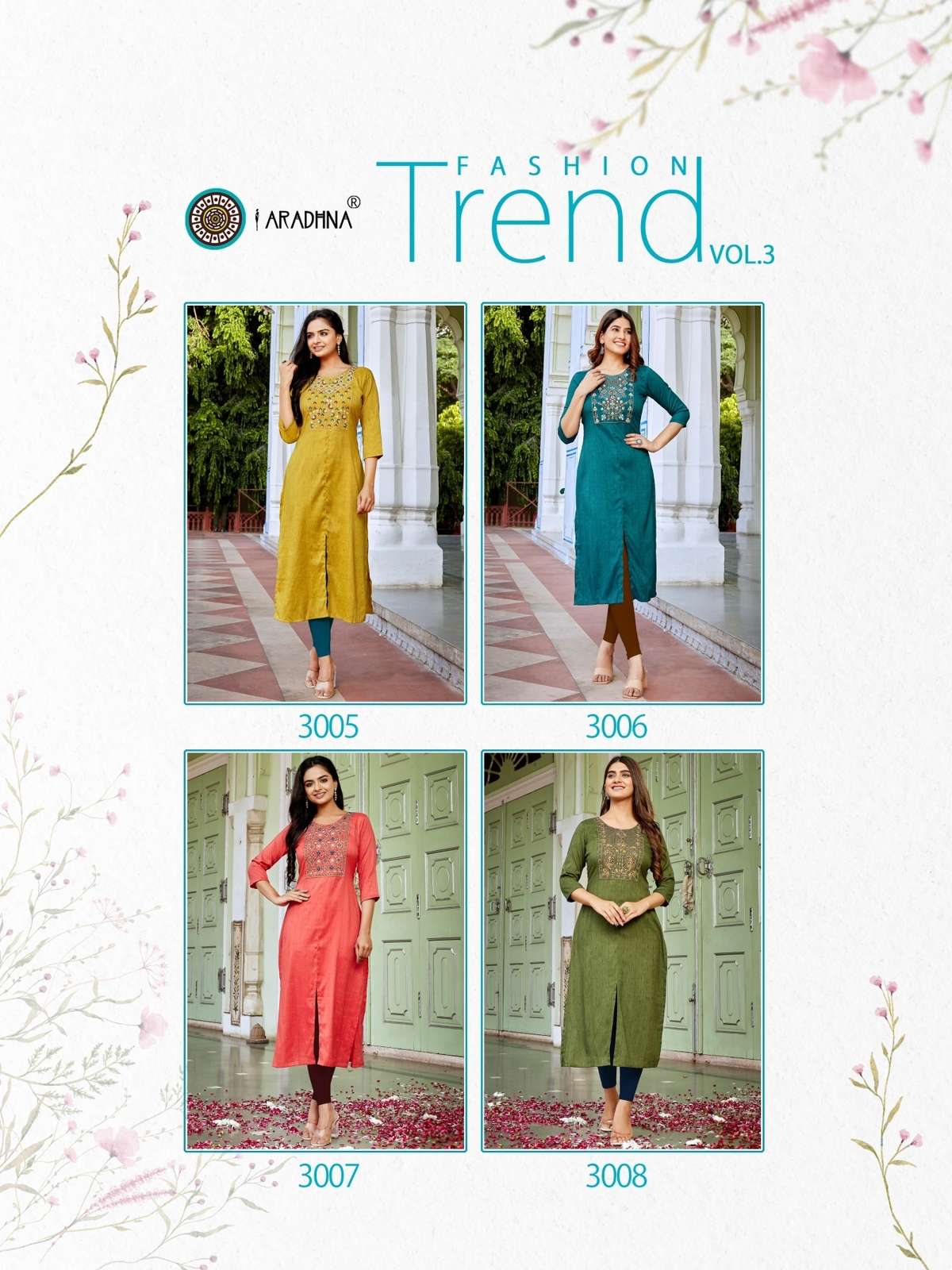 FASHION TREND VOL-3 BY ARADHNA FASHION 3001 TO 3008 SERIES DESIGNER STYLISH FANCY COLORFUL BEAUTIFUL PARTY WEAR & ETHNIC WEAR COLLECTION RAYON EMBROIDERED KURTIS AT WHOLESALE PRICE
