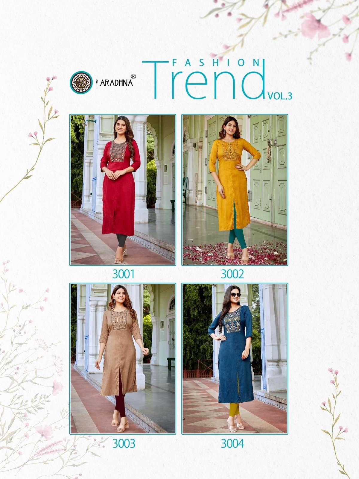 FASHION TREND VOL-3 BY ARADHNA FASHION 3001 TO 3008 SERIES DESIGNER STYLISH FANCY COLORFUL BEAUTIFUL PARTY WEAR & ETHNIC WEAR COLLECTION RAYON EMBROIDERED KURTIS AT WHOLESALE PRICE