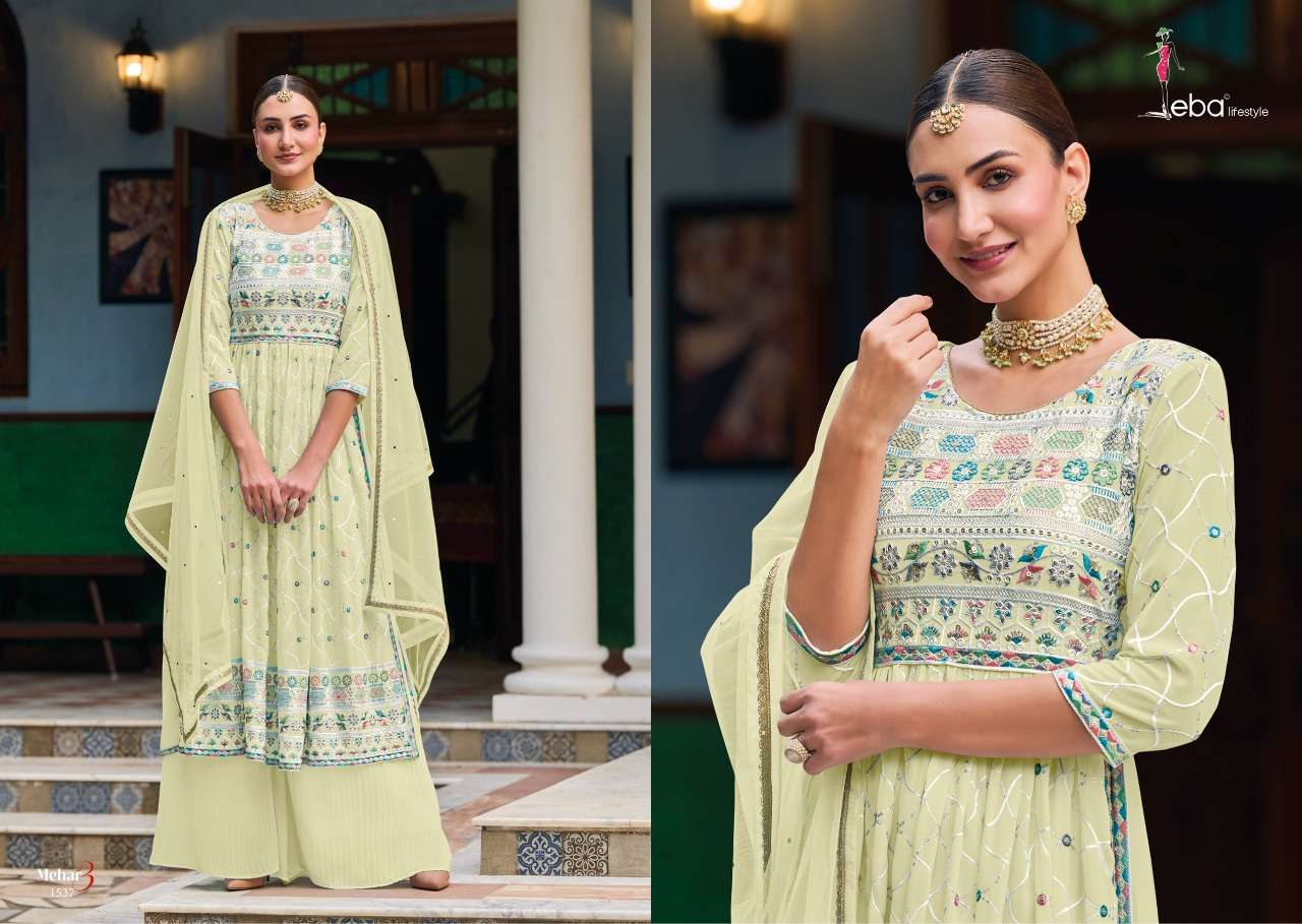 Mehar Vol-3 By Eba Lifestyle 1535 To 1538 Series Sharara Suits Beautiful Fancy Colorful Stylish Party Wear & Occasional Wear Faux Georgette Embroidered Dresses At Wholesale Price