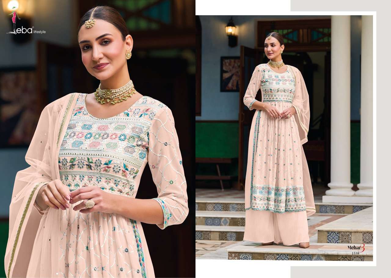 Mehar Vol-3 By Eba Lifestyle 1535 To 1538 Series Sharara Suits Beautiful Fancy Colorful Stylish Party Wear & Occasional Wear Faux Georgette Embroidered Dresses At Wholesale Price