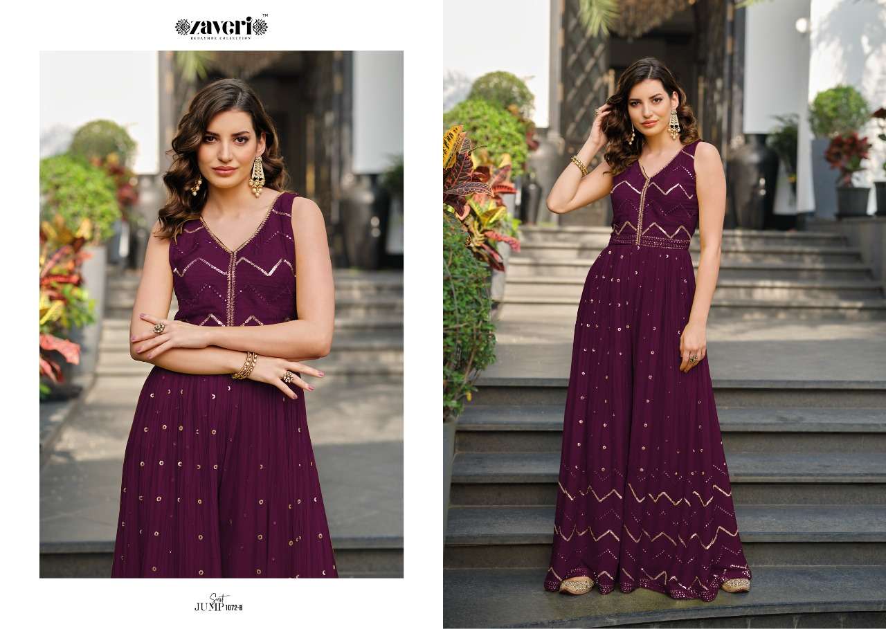 JUMPSUIT 1072 COLOURS BY ZAVERI 1072-A TO 1072-D SERIES DESIGNER STYLISH FANCY COLORFUL BEAUTIFUL PARTY WEAR & ETHNIC WEAR COLLECTION CHINNON JUMPSUIT AT WHOLESALE PRICE