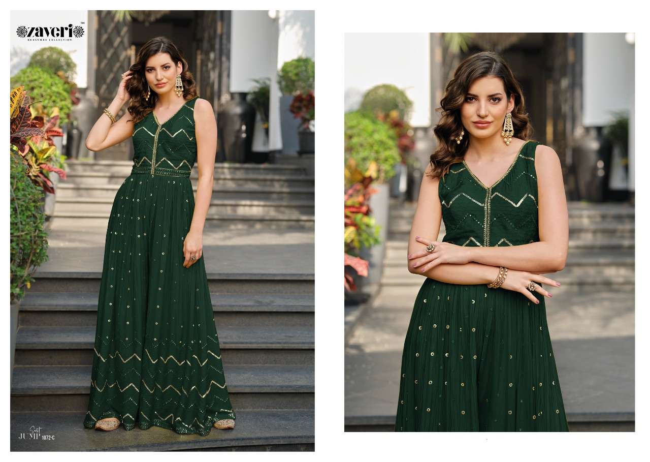 JUMPSUIT 1072 COLOURS BY ZAVERI 1072-A TO 1072-D SERIES DESIGNER STYLISH FANCY COLORFUL BEAUTIFUL PARTY WEAR & ETHNIC WEAR COLLECTION CHINNON JUMPSUIT AT WHOLESALE PRICE