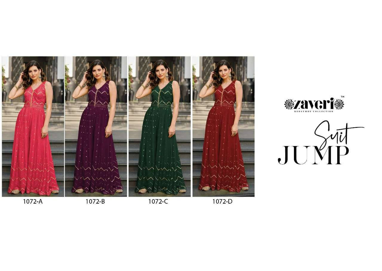 JUMPSUIT 1072 COLOURS BY ZAVERI 1072-A TO 1072-D SERIES DESIGNER STYLISH FANCY COLORFUL BEAUTIFUL PARTY WEAR & ETHNIC WEAR COLLECTION CHINNON JUMPSUIT AT WHOLESALE PRICE
