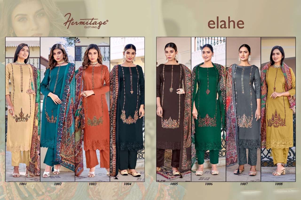ELAHE BY HERMITAGE 1001 TO 1008 SERIES DESIGNER FESTIVE SUITS COLLECTION BEAUTIFUL STYLISH FANCY COLORFUL PARTY WEAR & OCCASIONAL WEAR PURE VISCOSE JAM SATIN EMBROIDERED DRESSES AT WHOLESALE PRICE