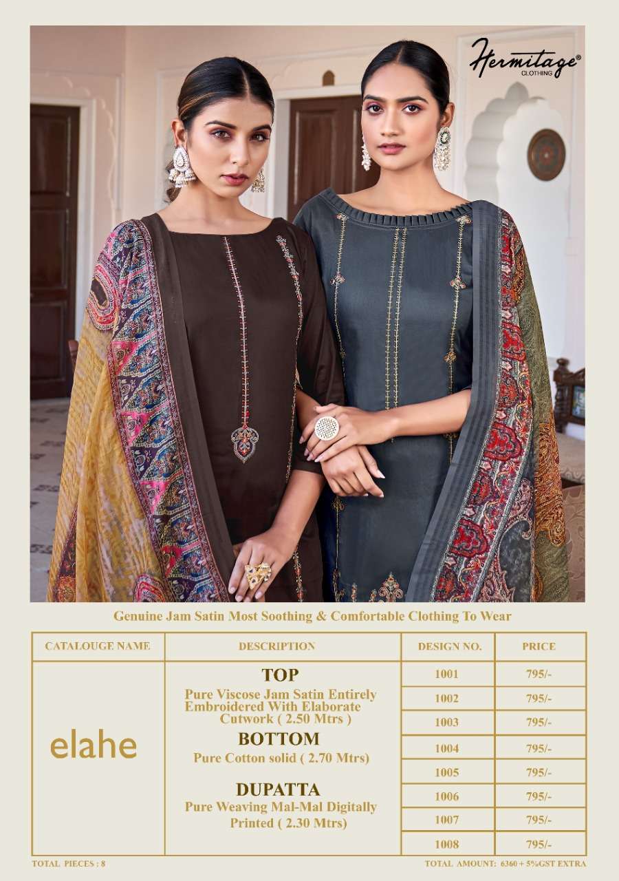 ELAHE BY HERMITAGE 1001 TO 1008 SERIES DESIGNER FESTIVE SUITS COLLECTION BEAUTIFUL STYLISH FANCY COLORFUL PARTY WEAR & OCCASIONAL WEAR PURE VISCOSE JAM SATIN EMBROIDERED DRESSES AT WHOLESALE PRICE