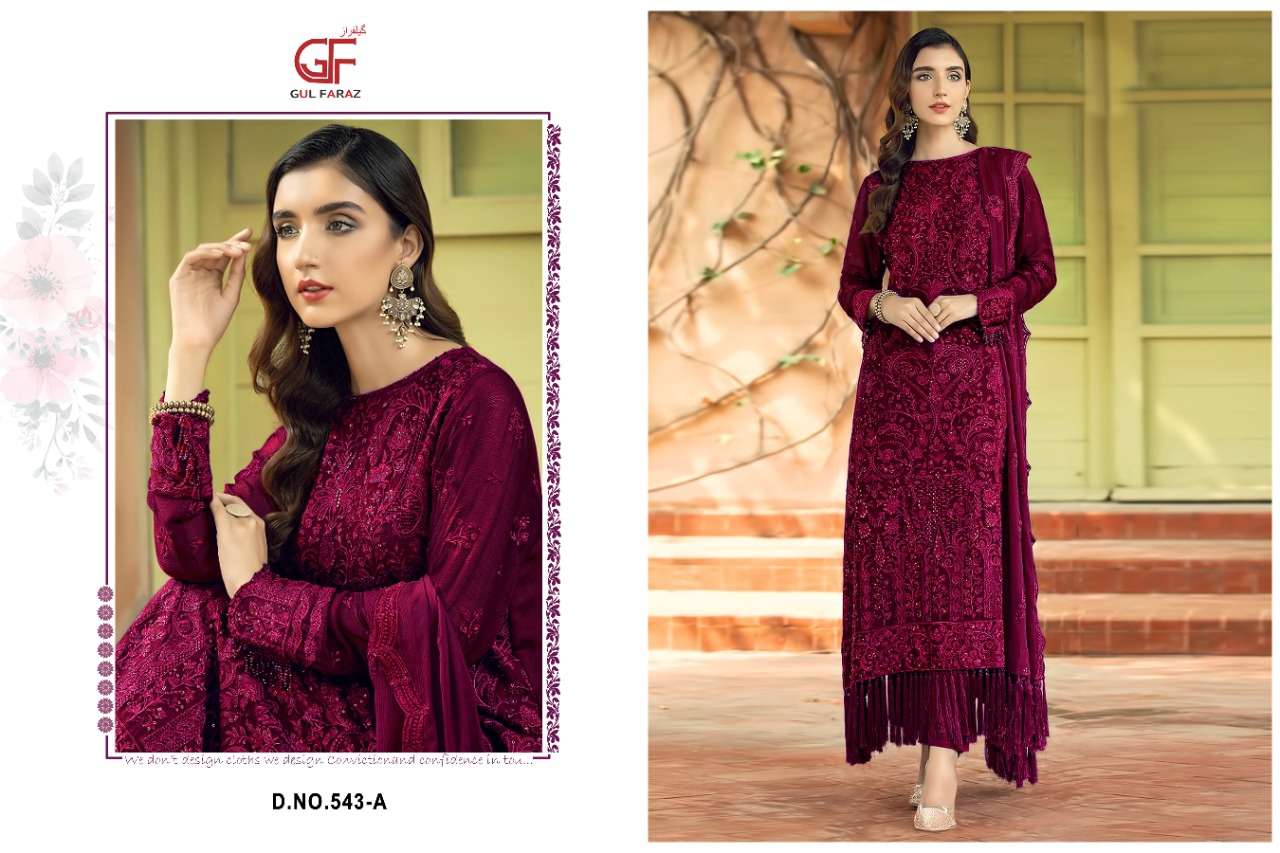 GUL FARAZ 543 COLOURS BY GUL FARAZ 543-A TO 543-D SERIES BEAUTIFUL PAKISTANI SUITS COLORFUL STYLISH FANCY CASUAL WEAR & ETHNIC WEAR FAUX GEORGETTE EMBROIDERED DRESSES AT WHOLESALE PRICE