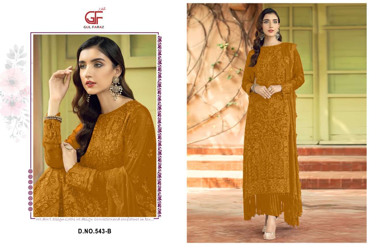 GUL FARAZ 543 COLOURS BY GUL FARAZ 543-A TO 543-D SERIES BEAUTIFUL PAKISTANI SUITS COLORFUL STYLISH FANCY CASUAL WEAR & ETHNIC WEAR FAUX GEORGETTE EMBROIDERED DRESSES AT WHOLESALE PRICE