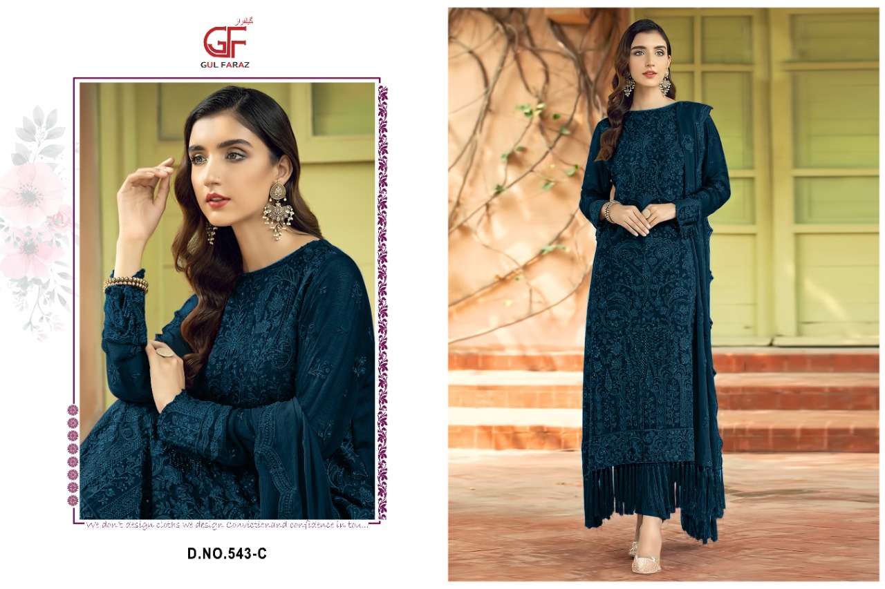 GUL FARAZ 543 COLOURS BY GUL FARAZ 543-A TO 543-D SERIES BEAUTIFUL PAKISTANI SUITS COLORFUL STYLISH FANCY CASUAL WEAR & ETHNIC WEAR FAUX GEORGETTE EMBROIDERED DRESSES AT WHOLESALE PRICE