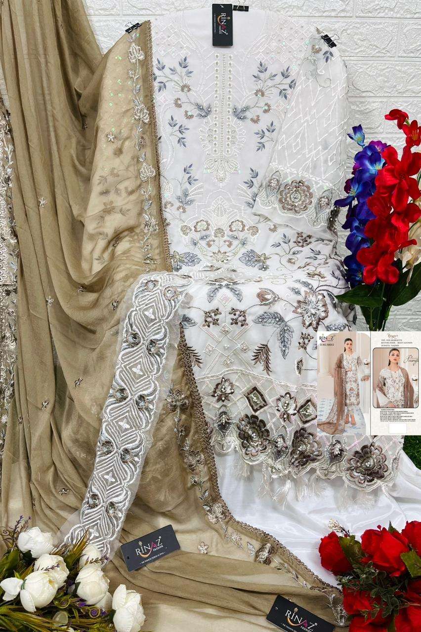 RANGOON VOL-5 BY RINAZ FASHION 58001 TO 58003 SERIES BEAUTIFUL PAKISTANI SUITS COLORFUL STYLISH FANCY CASUAL WEAR & ETHNIC WEAR FAUX GEORGETTE EMBROIDERED DRESSES AT WHOLESALE PRICE
