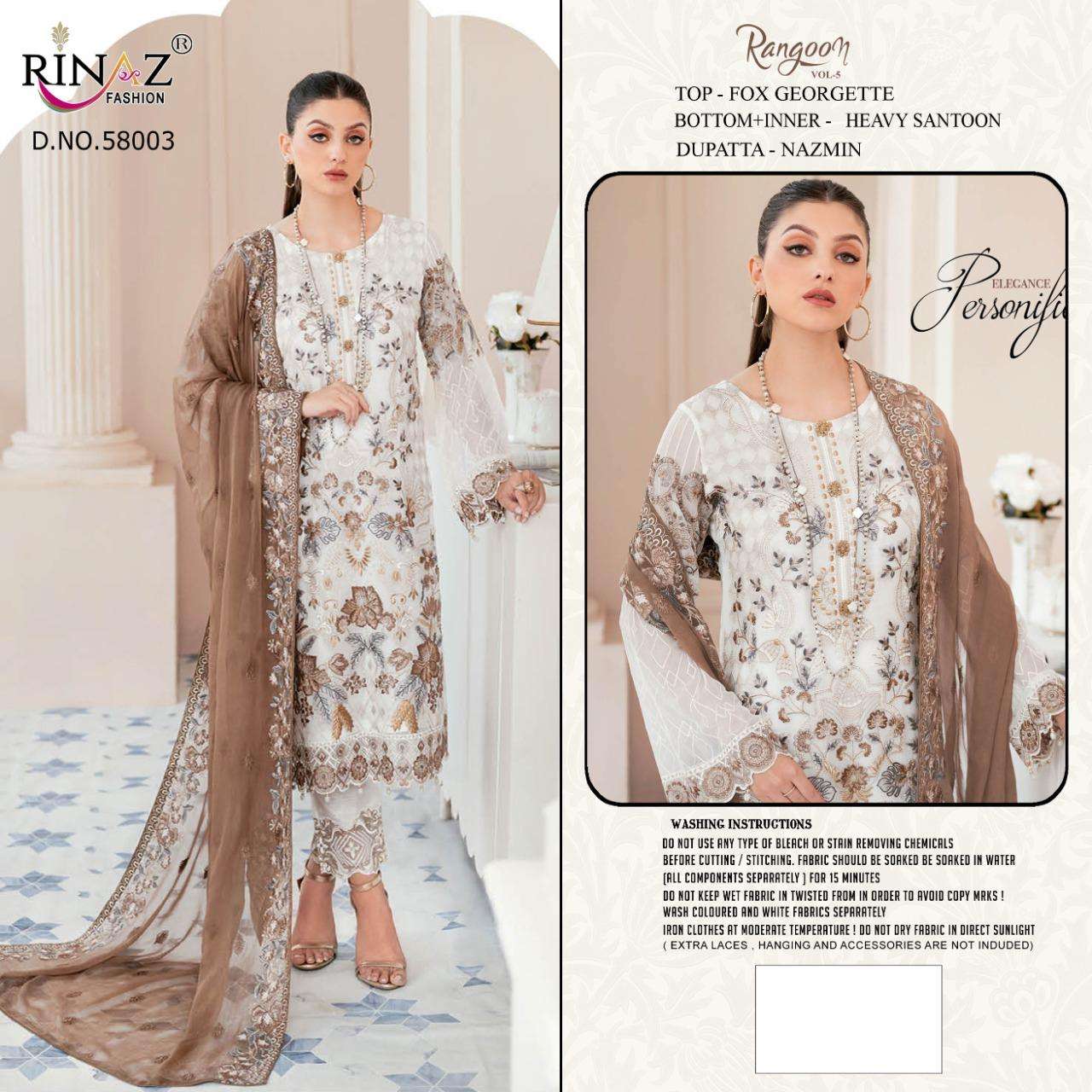 RANGOON VOL-5 BY RINAZ FASHION 58001 TO 58003 SERIES BEAUTIFUL PAKISTANI SUITS COLORFUL STYLISH FANCY CASUAL WEAR & ETHNIC WEAR FAUX GEORGETTE EMBROIDERED DRESSES AT WHOLESALE PRICE