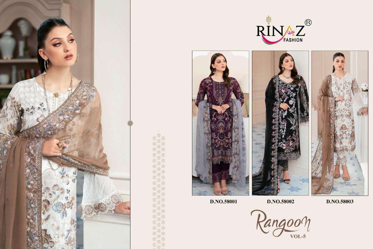 RANGOON VOL-5 BY RINAZ FASHION 58001 TO 58003 SERIES BEAUTIFUL PAKISTANI SUITS COLORFUL STYLISH FANCY CASUAL WEAR & ETHNIC WEAR FAUX GEORGETTE EMBROIDERED DRESSES AT WHOLESALE PRICE
