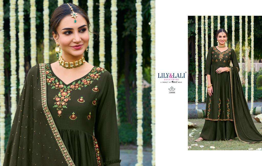 Aafreen By Lily And Lali 10601 To 10606 Series Designer Sharara Suits Collection Beautiful Stylish Colorful Fancy Party Wear & Occasional Wear Silk Embroidered Dresses At Wholesale Price