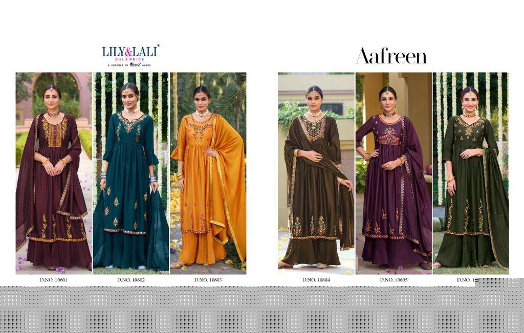 Aafreen By Lily And Lali 10601 To 10606 Series Designer Sharara Suits Collection Beautiful Stylish Colorful Fancy Party Wear & Occasional Wear Silk Embroidered Dresses At Wholesale Price