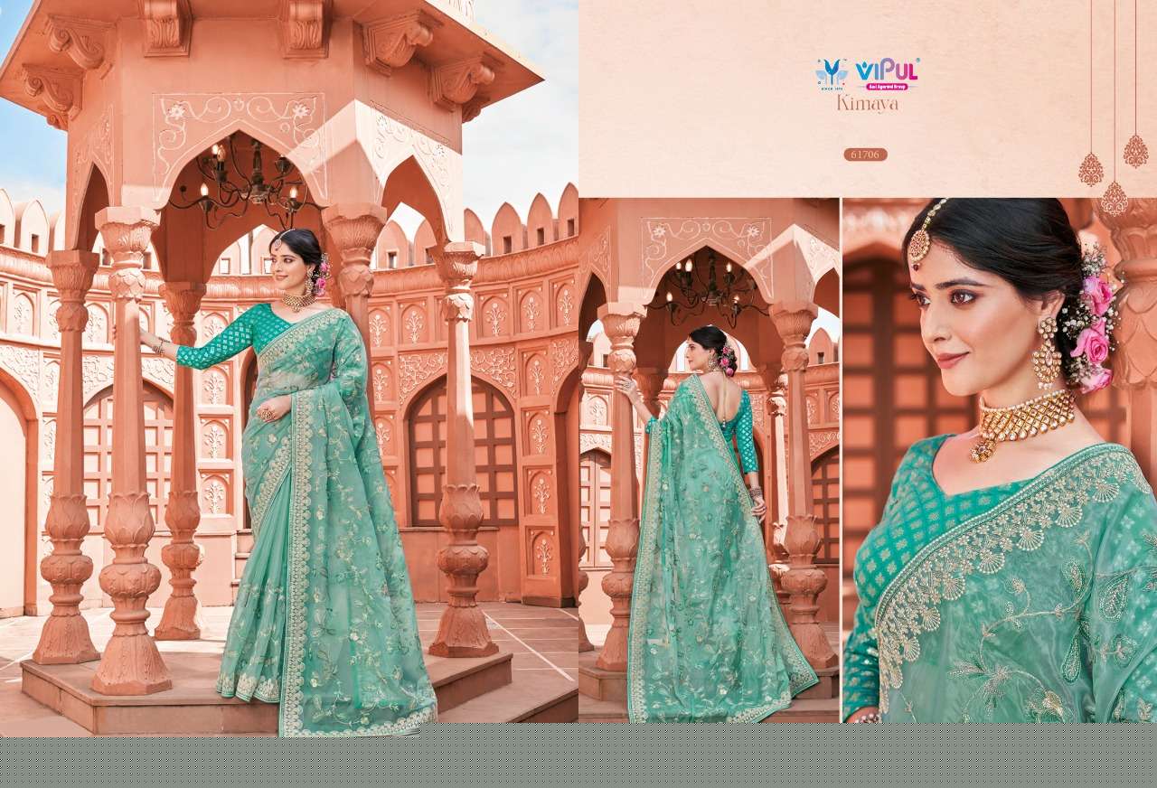 KIMAYA BY VIPUL FASHION 61704 TO 61712 SERIES INDIAN TRADITIONAL WEAR COLLECTION BEAUTIFUL STYLISH FANCY COLORFUL PARTY WEAR & OCCASIONAL WEAR ORGANZA SAREES AT WHOLESALE PRICE