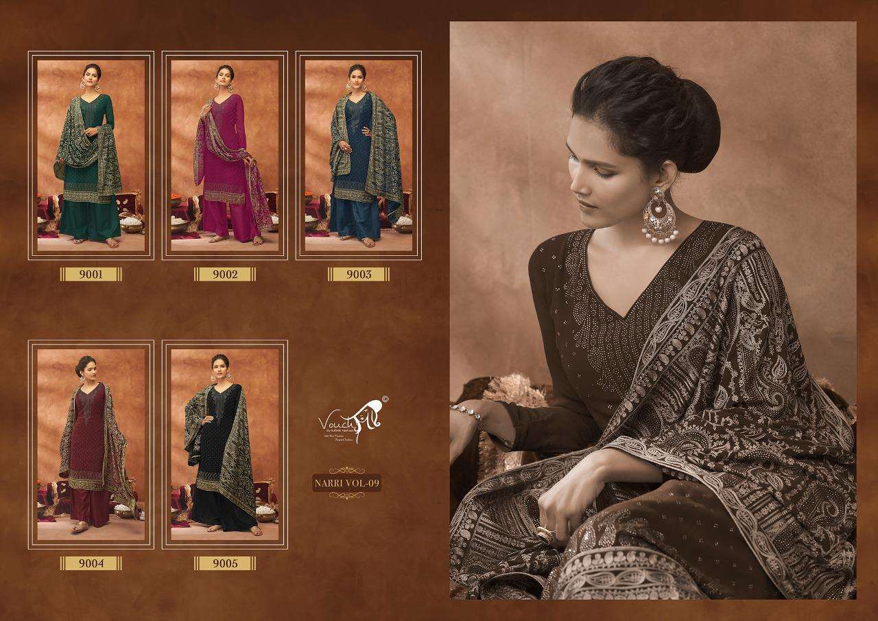 Naari Vol-9 By Vouche 9001 To 9005 Series Designer Sharara Suits Collection Beautiful Stylish Colorful Fancy Party Wear & Occasional Wear Georgette Dresses At Wholesale Price