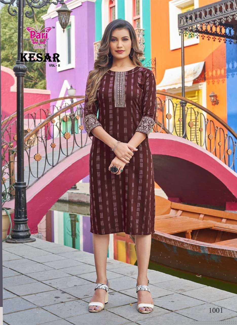 KESAR VOL-2 BY PARI 1001 TO 1008 SERIES DESIGNER STYLISH FANCY COLORFUL BEAUTIFUL PARTY WEAR & ETHNIC WEAR COLLECTION RAYON WITH WORK KURTIS AT WHOLESALE PRICE