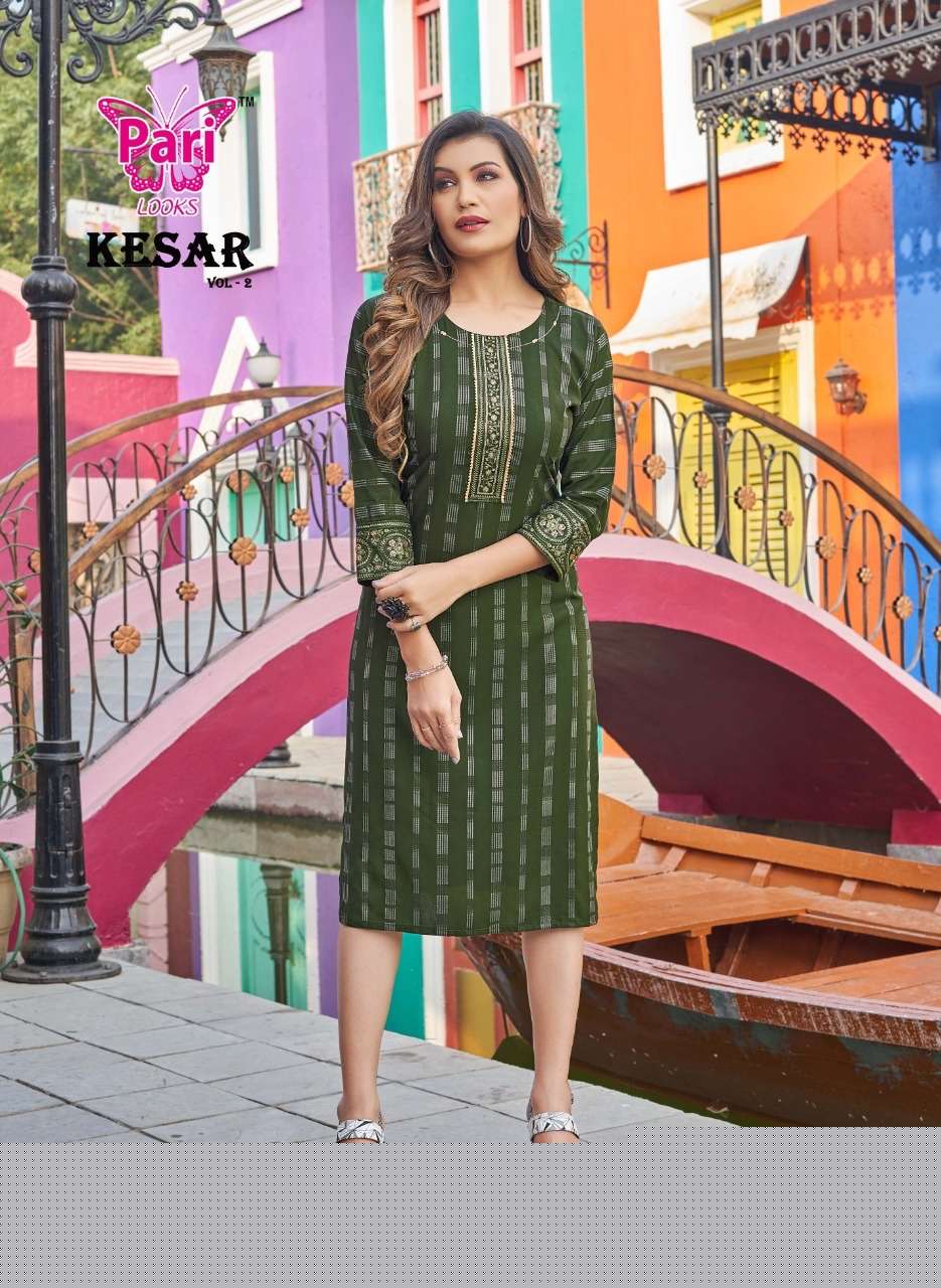 KESAR VOL-2 BY PARI 1001 TO 1008 SERIES DESIGNER STYLISH FANCY COLORFUL BEAUTIFUL PARTY WEAR & ETHNIC WEAR COLLECTION RAYON WITH WORK KURTIS AT WHOLESALE PRICE