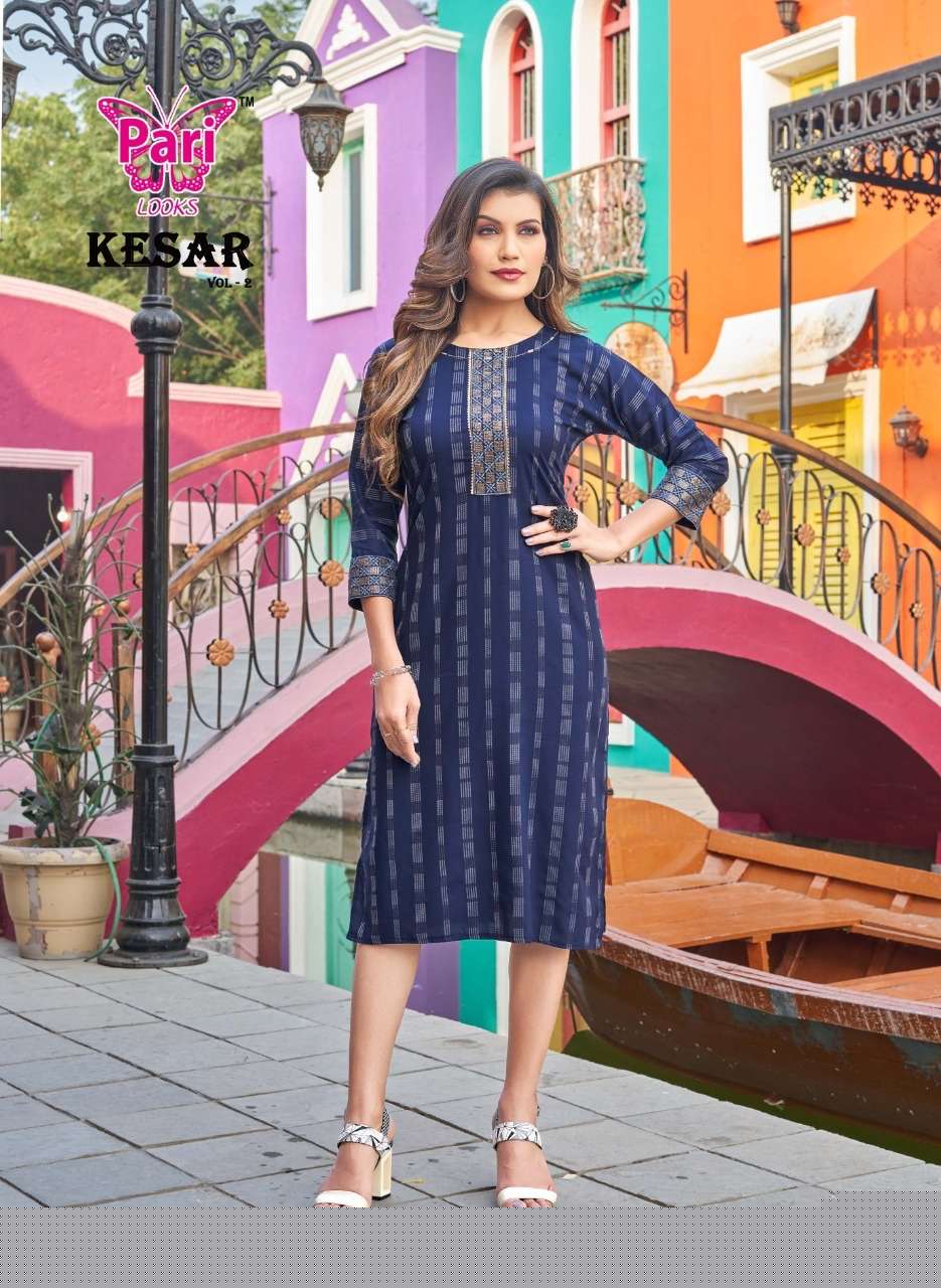 KESAR VOL-2 BY PARI 1001 TO 1008 SERIES DESIGNER STYLISH FANCY COLORFUL BEAUTIFUL PARTY WEAR & ETHNIC WEAR COLLECTION RAYON WITH WORK KURTIS AT WHOLESALE PRICE