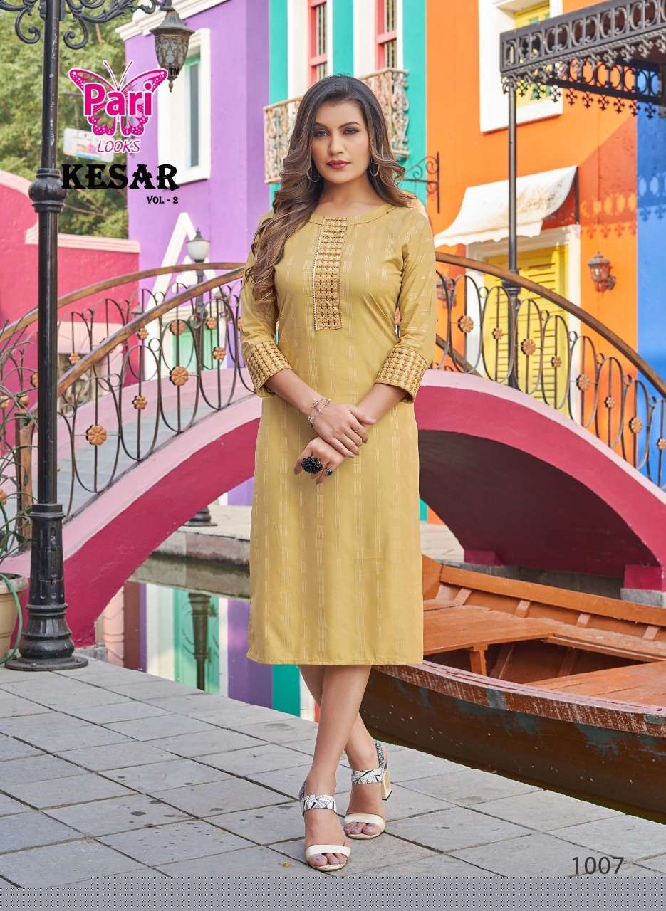 KESAR VOL-2 BY PARI 1001 TO 1008 SERIES DESIGNER STYLISH FANCY COLORFUL BEAUTIFUL PARTY WEAR & ETHNIC WEAR COLLECTION RAYON WITH WORK KURTIS AT WHOLESALE PRICE