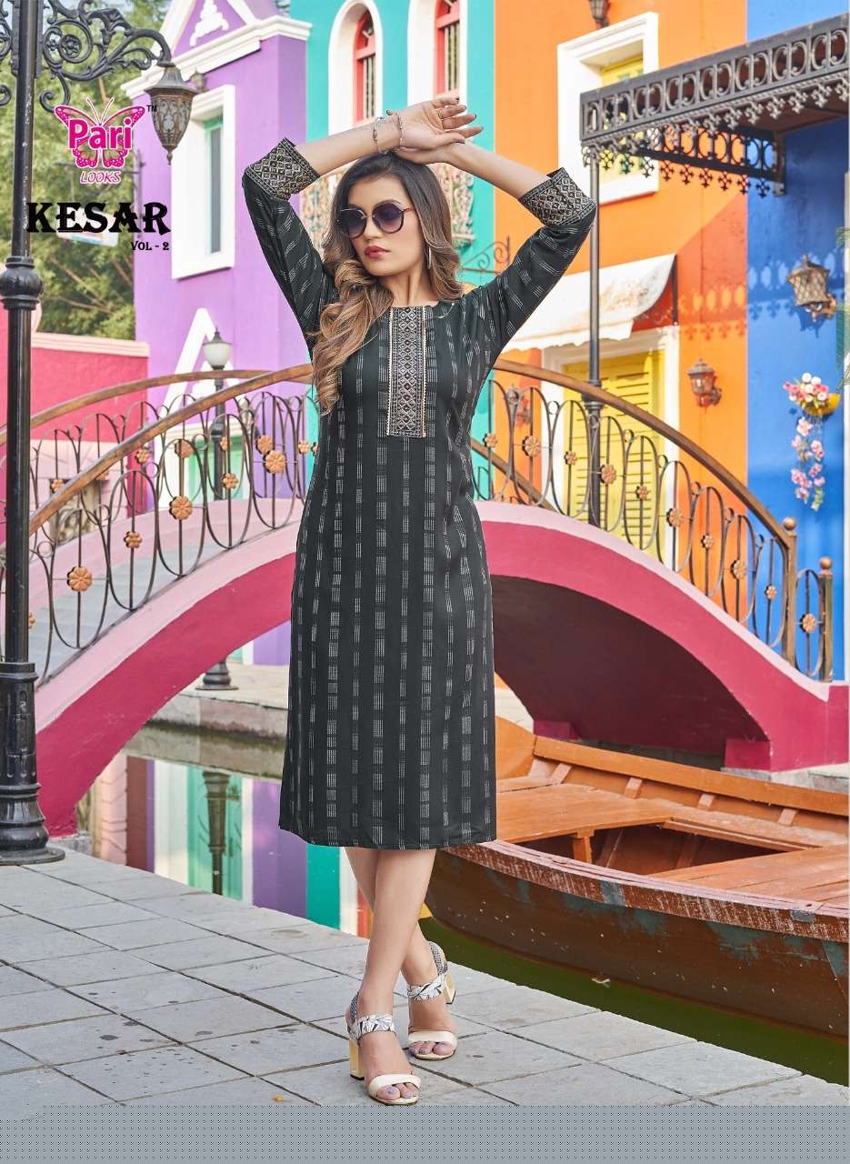 KESAR VOL-2 BY PARI 1001 TO 1008 SERIES DESIGNER STYLISH FANCY COLORFUL BEAUTIFUL PARTY WEAR & ETHNIC WEAR COLLECTION RAYON WITH WORK KURTIS AT WHOLESALE PRICE