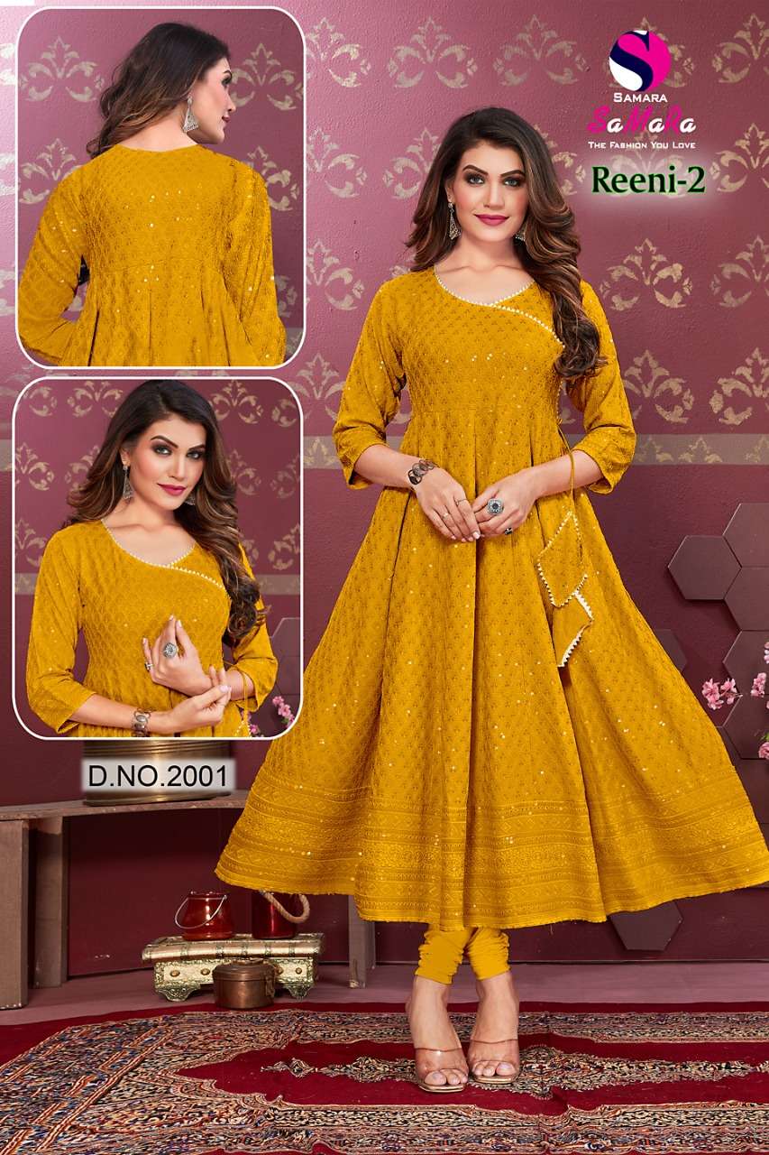 REENI VOL-2 BY SAMARA 2001 TO 2012 SERIES DESIGNER STYLISH FANCY COLORFUL BEAUTIFUL PARTY WEAR & ETHNIC WEAR COLLECTION RAYON WITH WORK KURTIS AT WHOLESALE PRICE