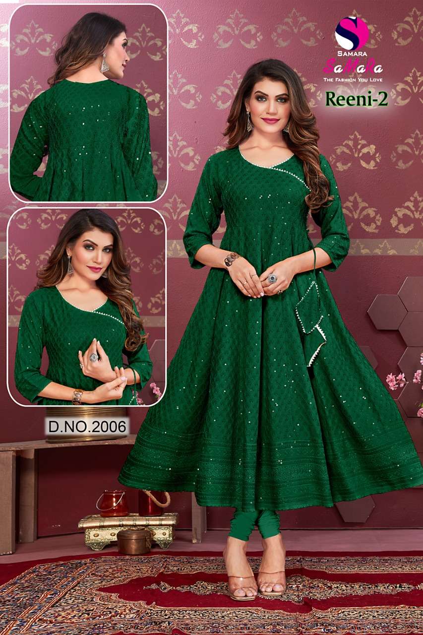 REENI VOL-2 BY SAMARA 2001 TO 2012 SERIES DESIGNER STYLISH FANCY COLORFUL BEAUTIFUL PARTY WEAR & ETHNIC WEAR COLLECTION RAYON WITH WORK KURTIS AT WHOLESALE PRICE