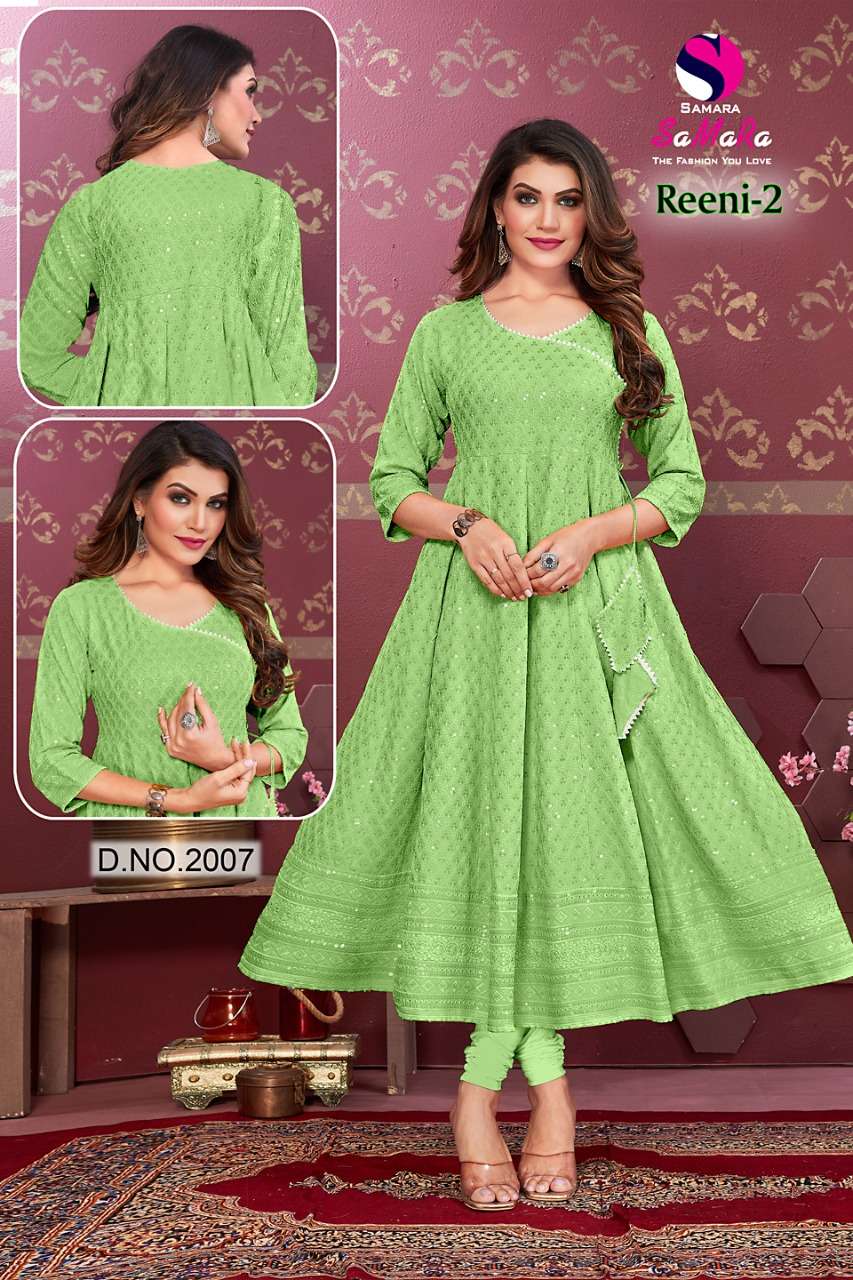 REENI VOL-2 BY SAMARA 2001 TO 2012 SERIES DESIGNER STYLISH FANCY COLORFUL BEAUTIFUL PARTY WEAR & ETHNIC WEAR COLLECTION RAYON WITH WORK KURTIS AT WHOLESALE PRICE