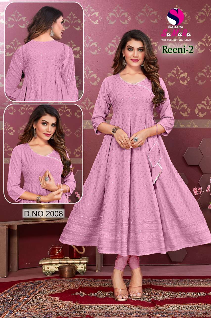 REENI VOL-2 BY SAMARA 2001 TO 2012 SERIES DESIGNER STYLISH FANCY COLORFUL BEAUTIFUL PARTY WEAR & ETHNIC WEAR COLLECTION RAYON WITH WORK KURTIS AT WHOLESALE PRICE