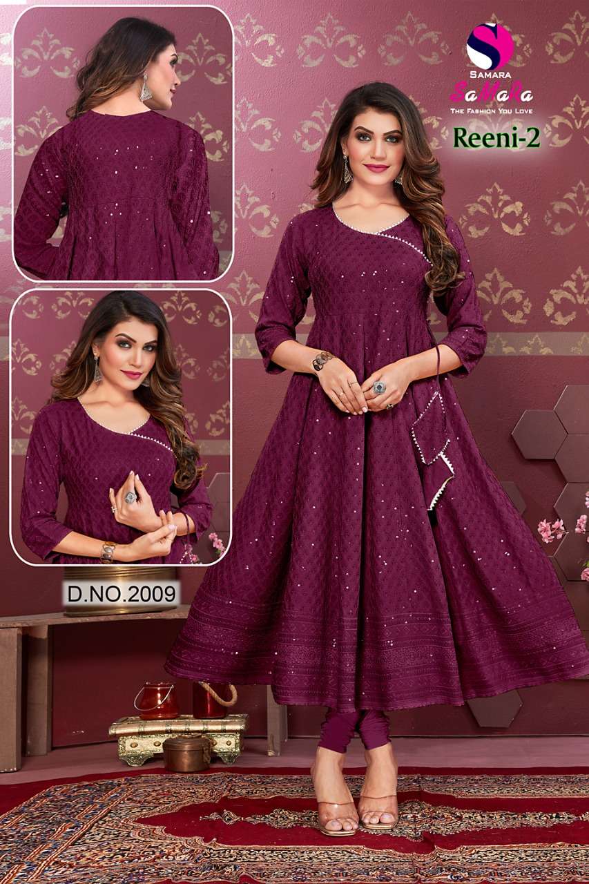 REENI VOL-2 BY SAMARA 2001 TO 2012 SERIES DESIGNER STYLISH FANCY COLORFUL BEAUTIFUL PARTY WEAR & ETHNIC WEAR COLLECTION RAYON WITH WORK KURTIS AT WHOLESALE PRICE