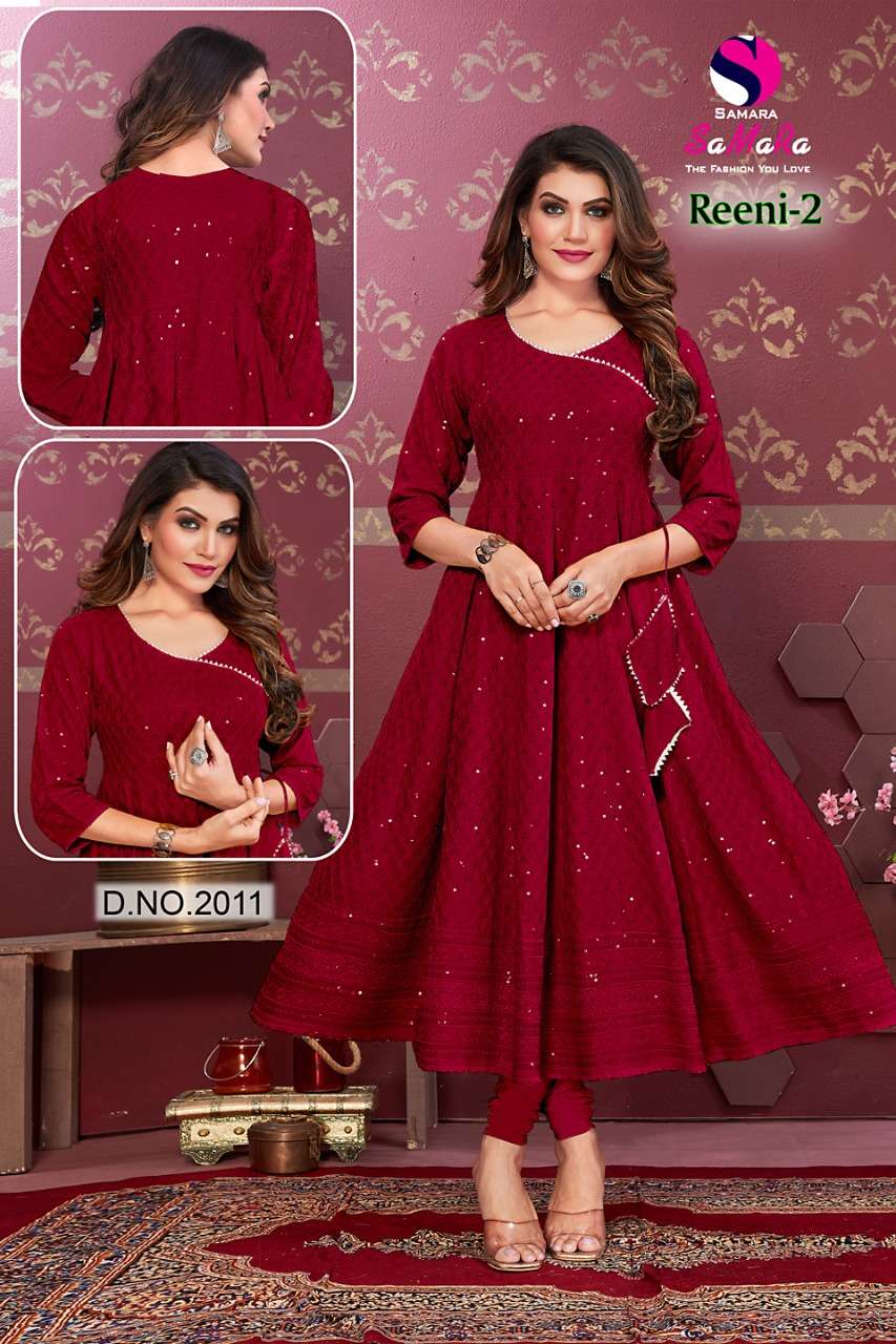 REENI VOL-2 BY SAMARA 2001 TO 2012 SERIES DESIGNER STYLISH FANCY COLORFUL BEAUTIFUL PARTY WEAR & ETHNIC WEAR COLLECTION RAYON WITH WORK KURTIS AT WHOLESALE PRICE