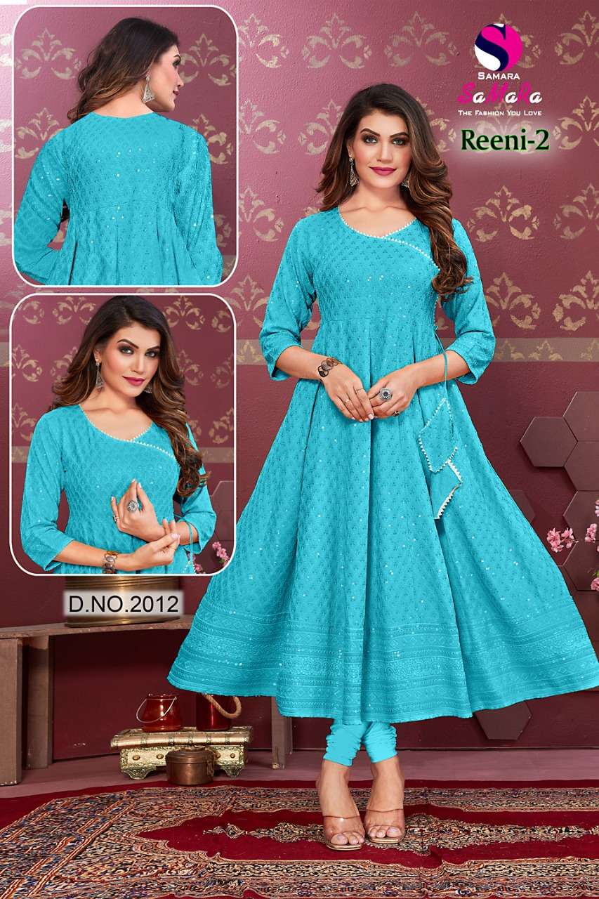 REENI VOL-2 BY SAMARA 2001 TO 2012 SERIES DESIGNER STYLISH FANCY COLORFUL BEAUTIFUL PARTY WEAR & ETHNIC WEAR COLLECTION RAYON WITH WORK KURTIS AT WHOLESALE PRICE