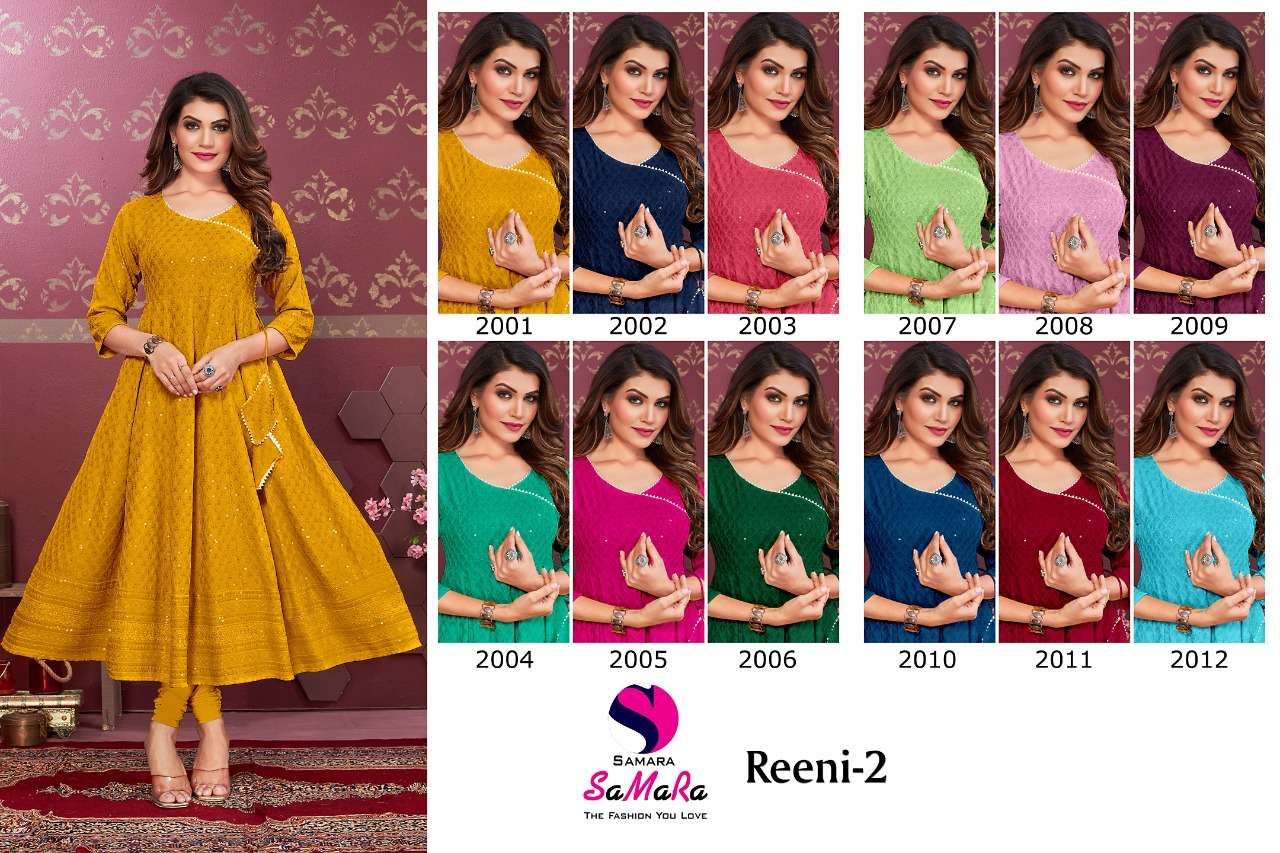 REENI VOL-2 BY SAMARA 2001 TO 2012 SERIES DESIGNER STYLISH FANCY COLORFUL BEAUTIFUL PARTY WEAR & ETHNIC WEAR COLLECTION RAYON WITH WORK KURTIS AT WHOLESALE PRICE
