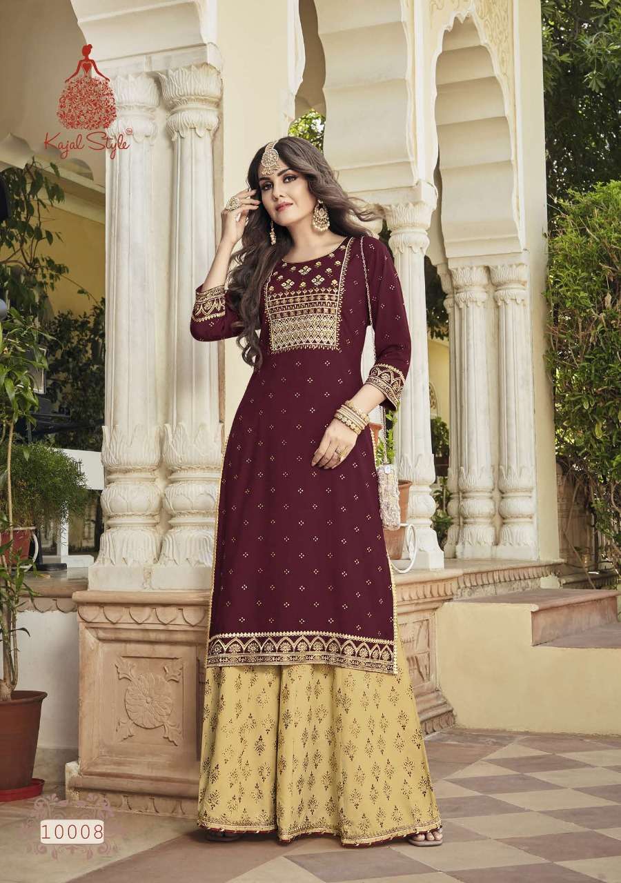 LABEL VOL-10 BY KAJAL STYLE 10001 TO 10010 SERIES BEAUTIFUL STYLISH FANCY COLORFUL CASUAL WEAR & ETHNIC WEAR RAYON KURTIS WITH BOTTOM AT WHOLESALE PRICE
