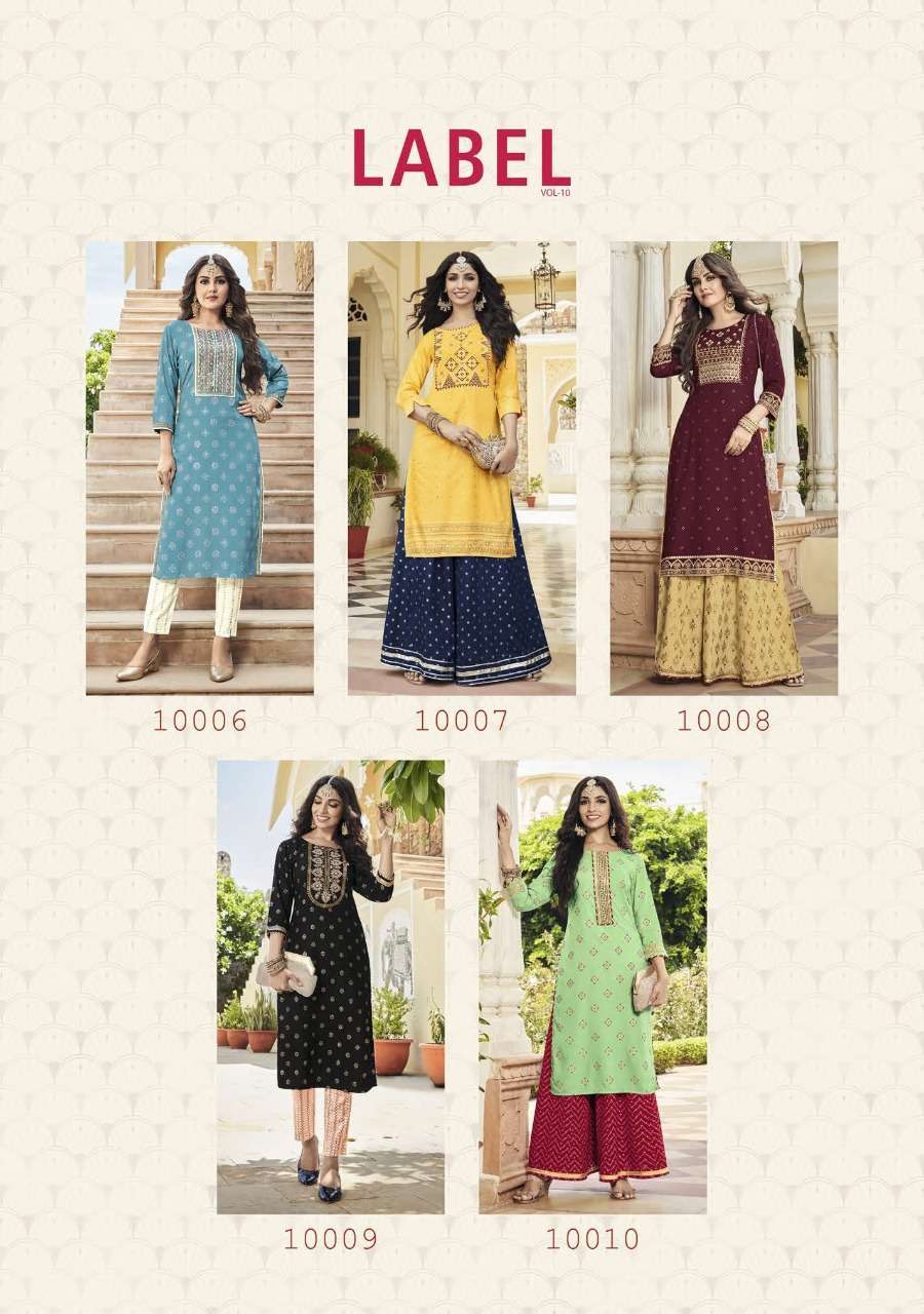 LABEL VOL-10 BY KAJAL STYLE 10001 TO 10010 SERIES BEAUTIFUL STYLISH FANCY COLORFUL CASUAL WEAR & ETHNIC WEAR RAYON KURTIS WITH BOTTOM AT WHOLESALE PRICE