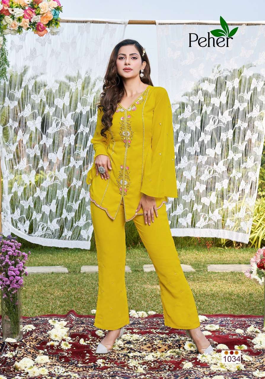 DESI GIRL BY PEHER 1032 TO 1036 SERIES BEAUTIFUL COLORFUL STYLISH FANCY CASUAL WEAR & READY TO WEAR GEORGETTE TOPS WITH BOTTOM AT WHOLESALE PRICE