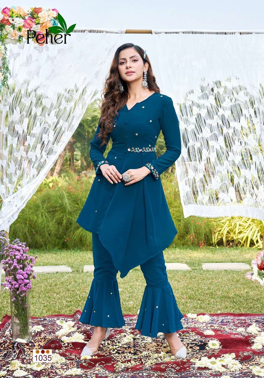 DESI GIRL BY PEHER 1032 TO 1036 SERIES BEAUTIFUL COLORFUL STYLISH FANCY CASUAL WEAR & READY TO WEAR GEORGETTE TOPS WITH BOTTOM AT WHOLESALE PRICE
