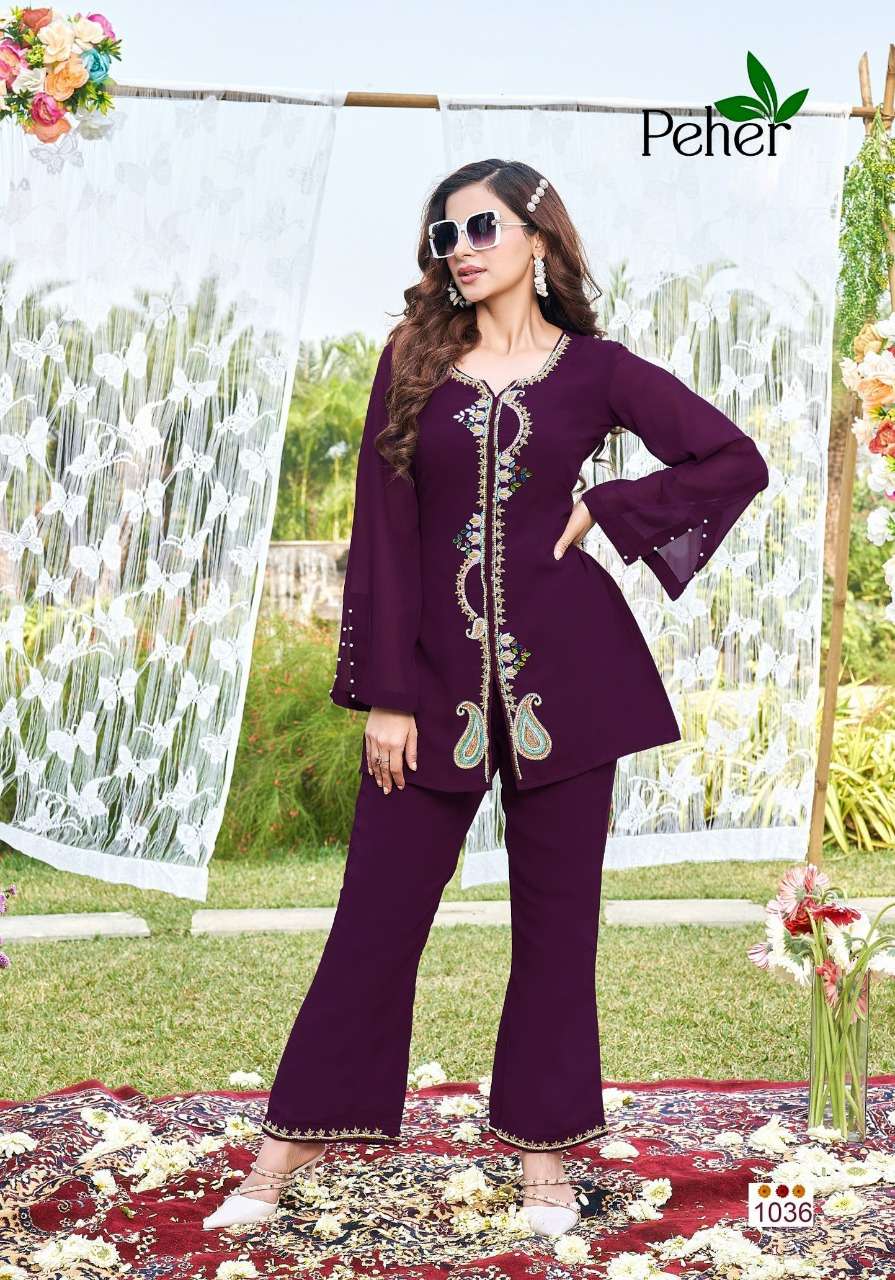 DESI GIRL BY PEHER 1032 TO 1036 SERIES BEAUTIFUL COLORFUL STYLISH FANCY CASUAL WEAR & READY TO WEAR GEORGETTE TOPS WITH BOTTOM AT WHOLESALE PRICE